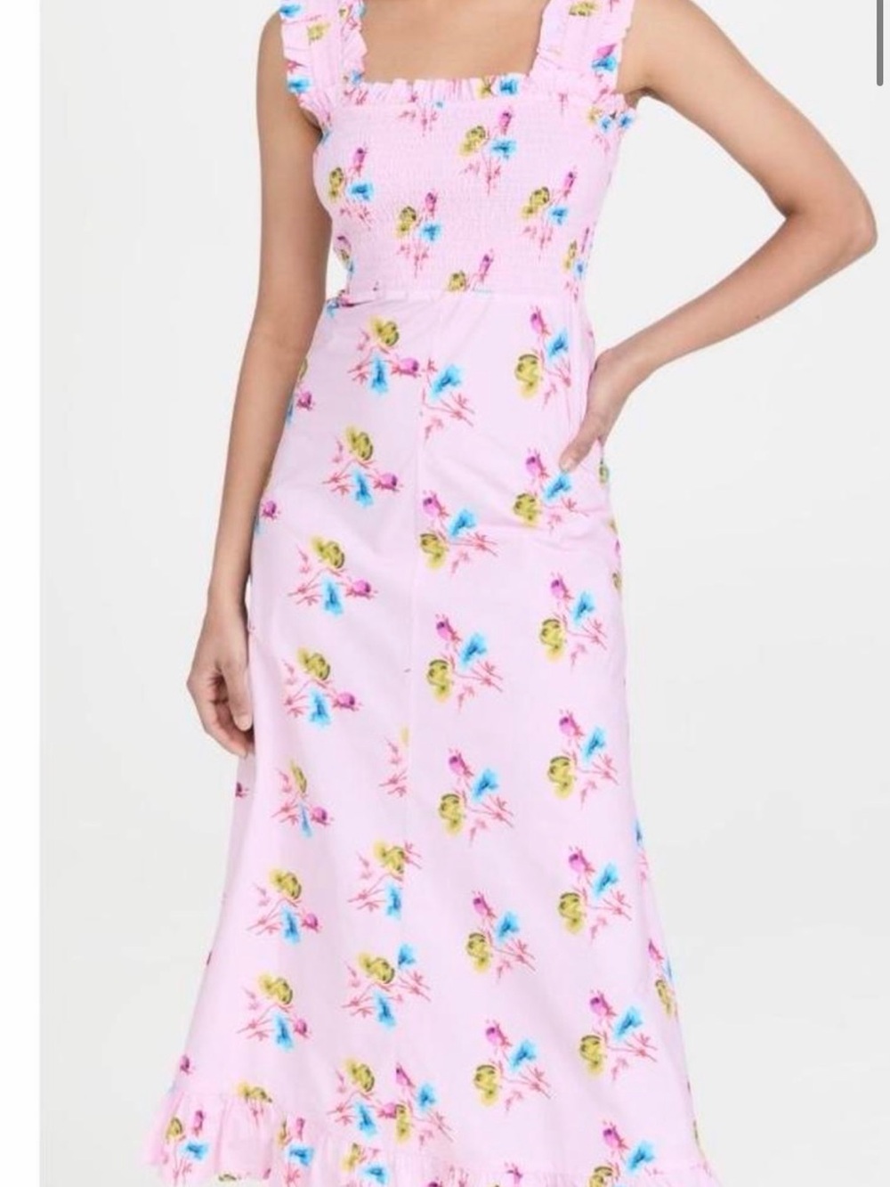 GANNI Pink Floral Smocked Maxi Dress